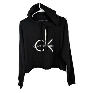Calvin‎ Klein Jeans Womens Black Cropped Logo Hoodie Sweatshirt Size M Raw Hem